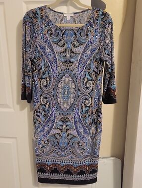 London Times Sz12 Paisley-Print 3/4 sleeve Midi Sheath Dress in mixed cool tones